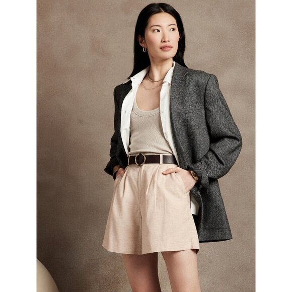 Banana Republic 6 Stretch Linen-Cotton Short Flax Tan Paperbag GUC - Picture 1 of 6